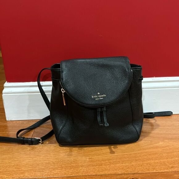 Kate Spade Leila Medium Black Pebbled Leather Backpack Drawstring Flap Closure - Picture 1 of 13